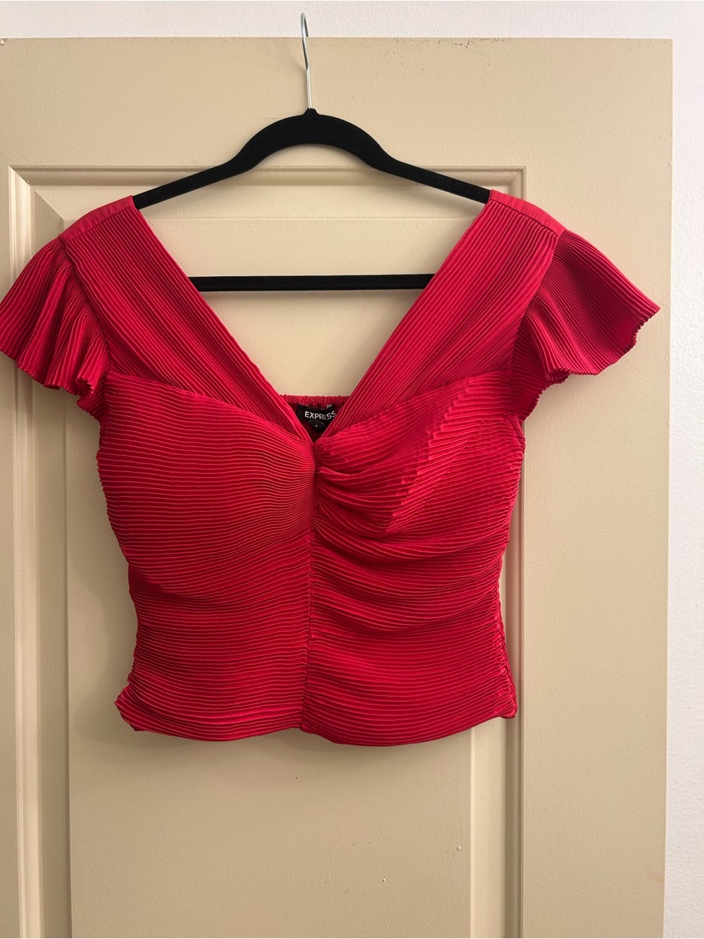Express hot pink Ruched V-Neck Flutter Sleeve Top